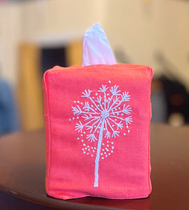 "Botanicals" Tissue Box Cover, hand embroidered linen