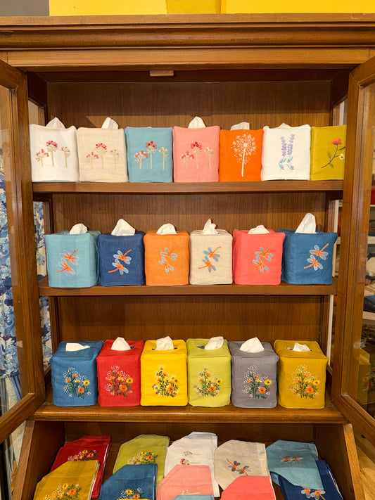 Linen Tissue Box Covers, 40+ Gorgeous Choices, hand embroidered in Vietnam