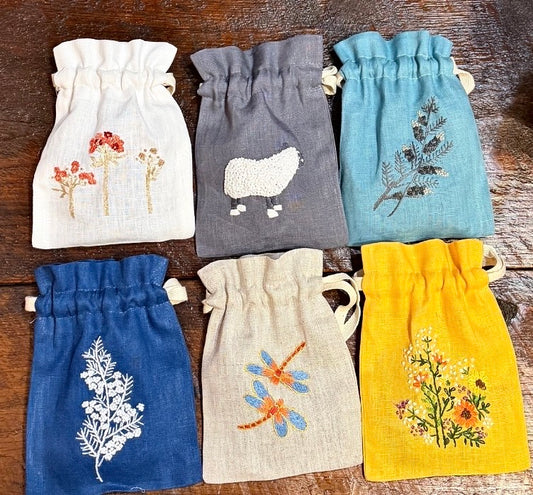 Linen Drawstring Pouches (dried lavender sachet included), 25+ Gorgeous Choices, hand embroidered in Vietnam!