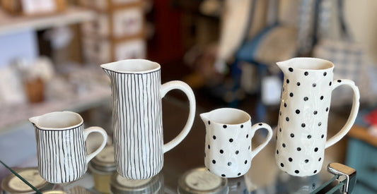 Ceramic Creamers with dots and lines, hand painted in Vietnam