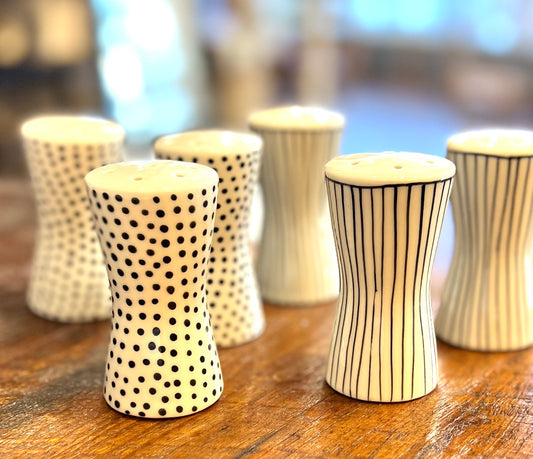 Hand-painted Salt & Pepper Shakers with dots and lines, from Bat Trang, Vietnam
