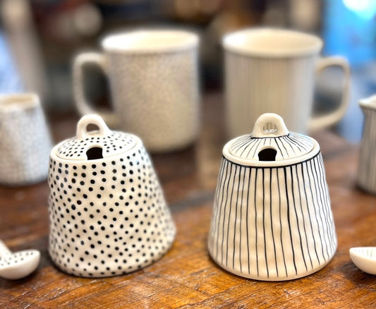 Hand-painted Sugar Bowls, w/ lines and dots, from Bat Trang, Vietnam