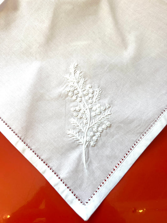 “White on White” French knots on white cotton napkins, 17"x17", hand embroidered and hem stitched