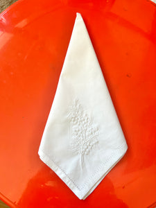 White "French Flowers" on White Cotton Napkins, 17"x17" with hem stitching