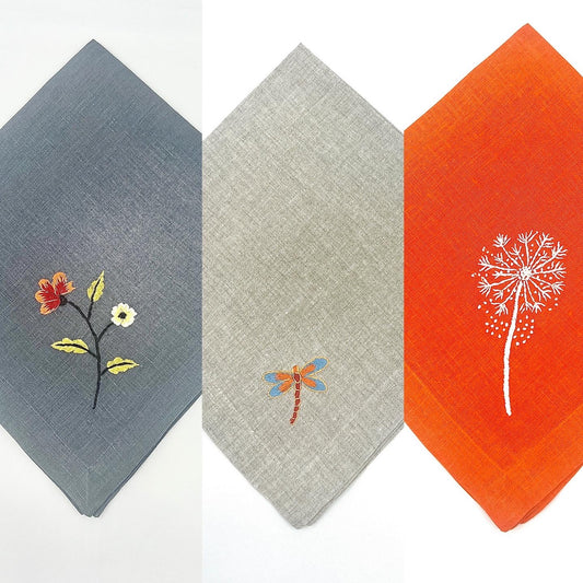 "Botanicals" Dinner Napkin 20" x 20", hand embroidered linen